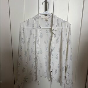 H&M White Button Down Shirt with Gray Bunny Print